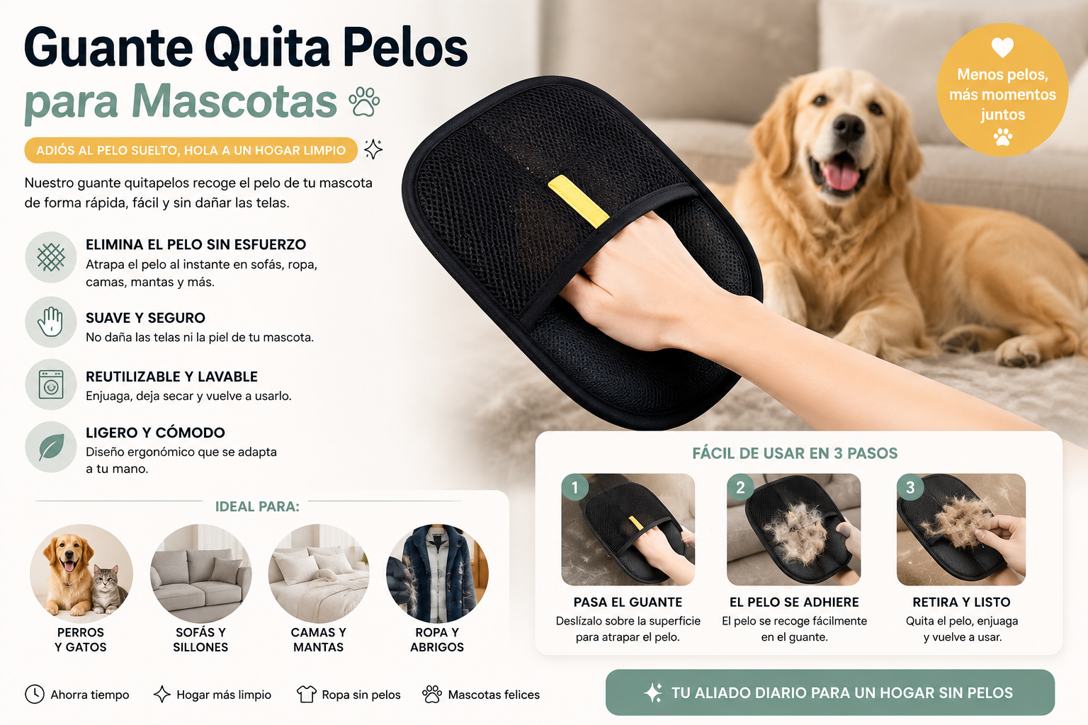 Guante Quitapelos para Mascotas 2 en 1 | Cepillo de Limpieza Reutilizable para Perros y Gatos